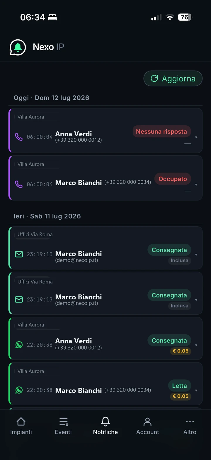 Anteprima del log notifiche NEXO IP